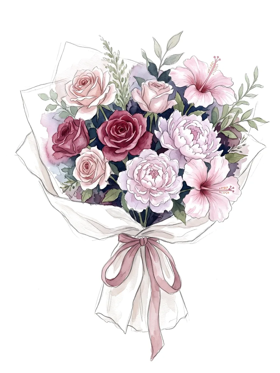 Watercolour bouquet of blush and berry roses, pink peonies and pink hibiscus, wrapped in ivory paper with a dusty-rose ribbon.